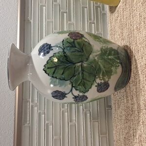 Highland Stoneware Scotland Oval Vase Hand Painted Signed Berries 7"" Tall